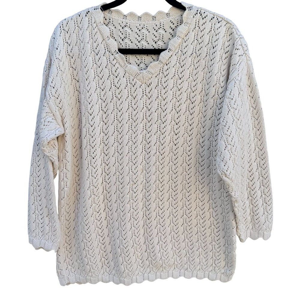Vintage Handmade Pointelle Knit Cottagecore Coastal Scalloped Boho Sweater L